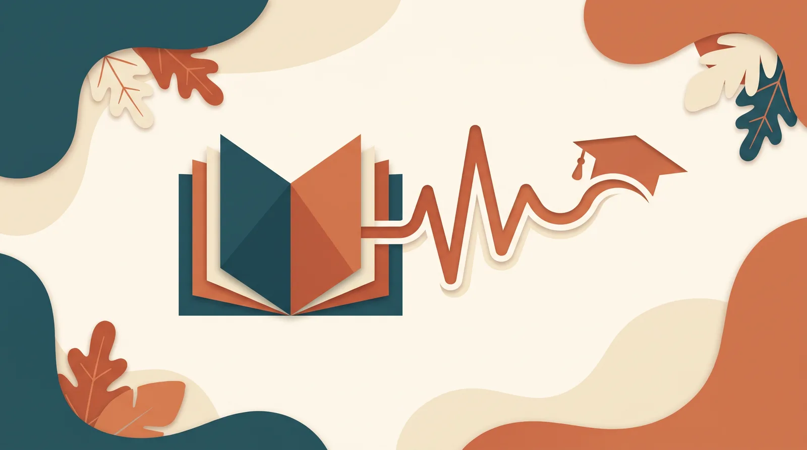 Illustration of an open book transforming into a heartbeat line that rises into a graduation cap, symbolizing nursing education advancement