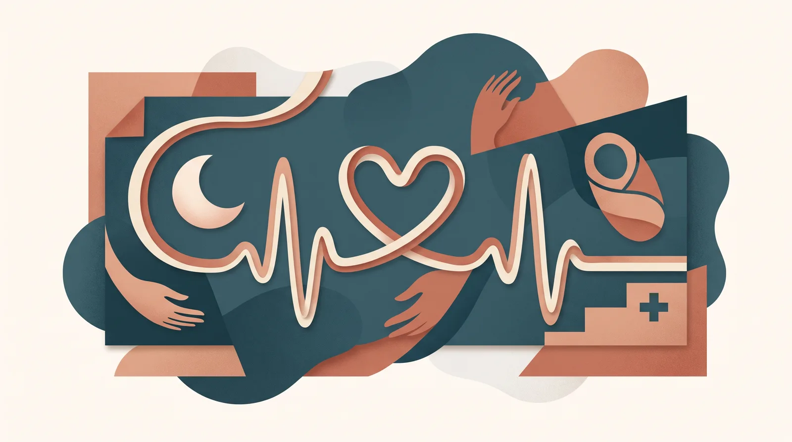 Illustration of a fetal heart-rate monitor line intertwined with a heart shape, symbolizing calm, confident labor and delivery nursing